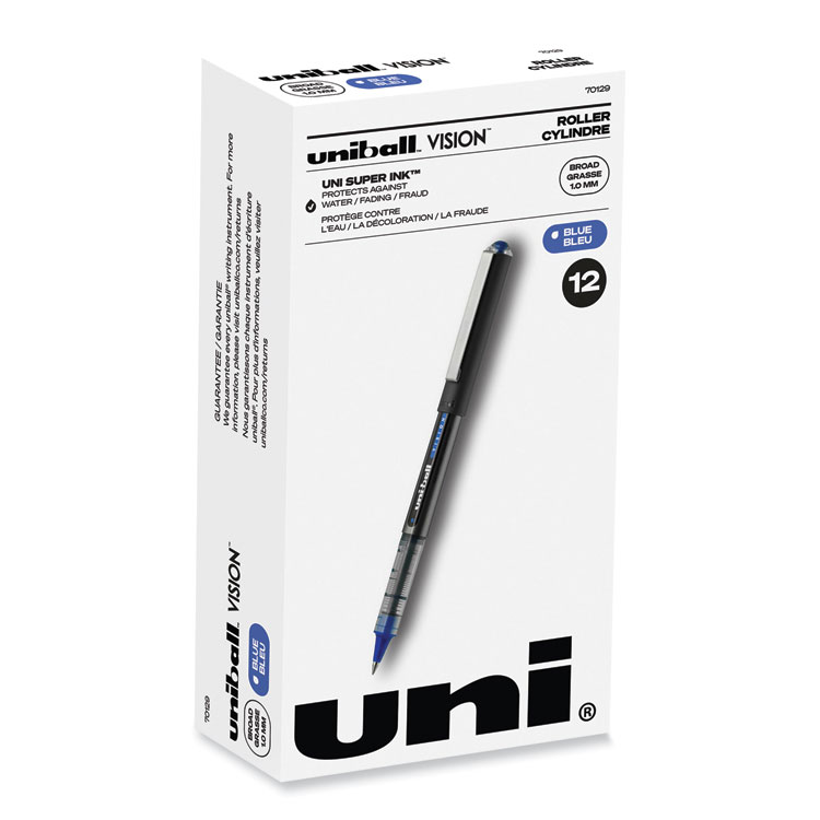 uniball VISION Rollerball Pen, Stick, Bold 1 mm, Blue Ink, Black/Blue/Clear Barrel, Dozen (UBC70129)