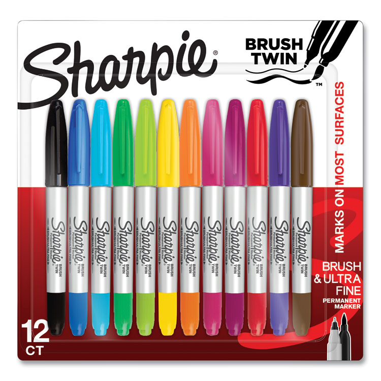Sharpie Brush Tip Permanent Marker, Twin Tip, Ultra-Fine Needle/Broad Brush Tips, Assorted Colors, 12/Pack (SAN2168237)