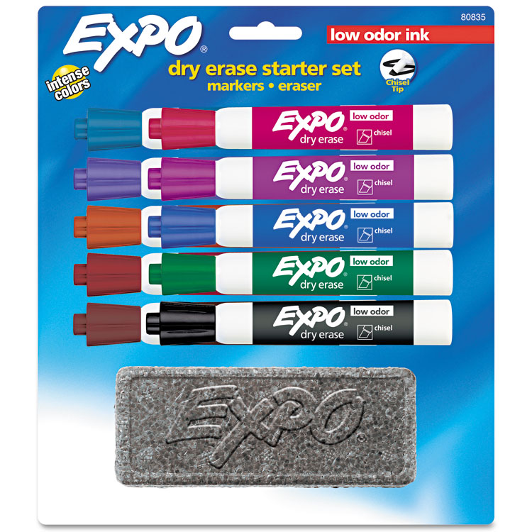 EXPO Low-Odor, Dry Erase 10-Color Marker and Eraser Set, Broad Chisel Tip, Assorted Colors, 10/Set (SAN80835)