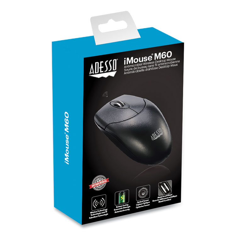Adesso iMouse M60 Antimicrobial Wireless Mouse, 2.4 GHz Frequency/30 ft Wireless Range, Left/Right Hand Use, Black (ADEM60)