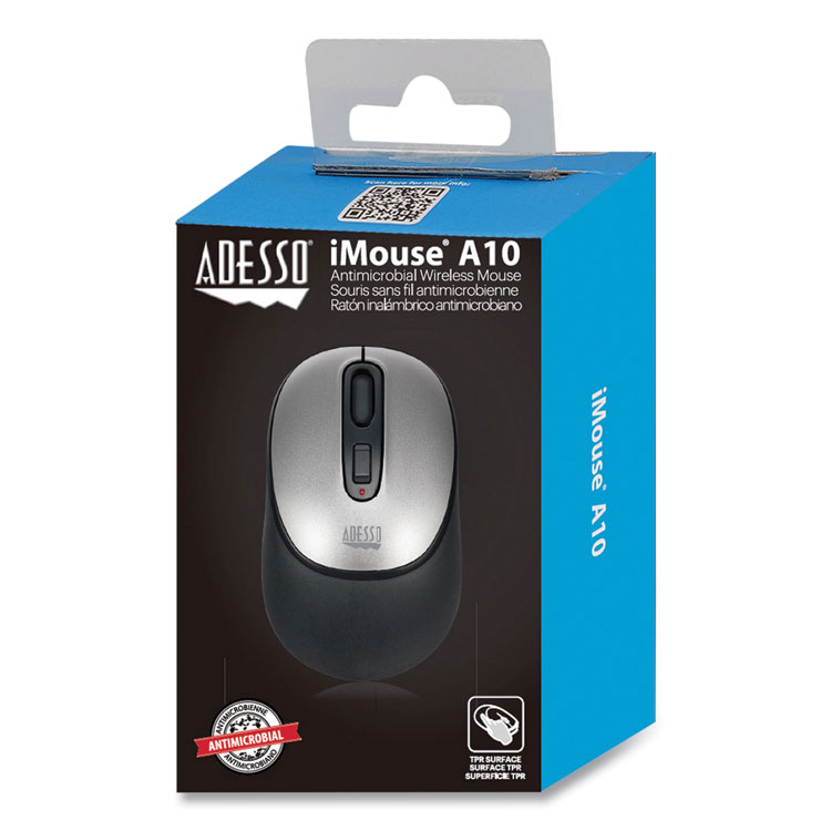 Adesso iMouse A10 Antimicrobial Wireless Mouse, 2.4 GHz Frequency/30 ft Wireless Range, Left/Right Hand Use, Black/Silver (ADEA10)