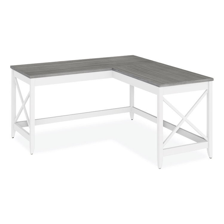 Workspace by Alera L-Shaped Farmhouse Desk, 58.27" x 58.27" x 29.53", Gray/White (ALEWSF5959GY)