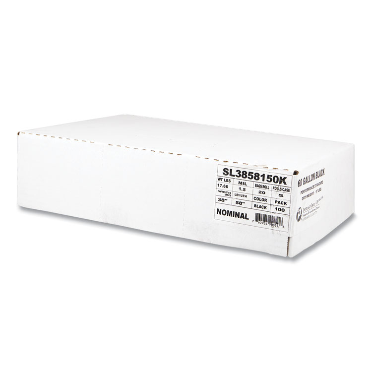 Inteplast Group Low-Density Commercial Can Liners, 60 gal, 1.5 mil, 38" x 58", Black, Interleaved Roll, 20 Bags/Roll, 5 Rolls/Carton (IBSSL3858150K)