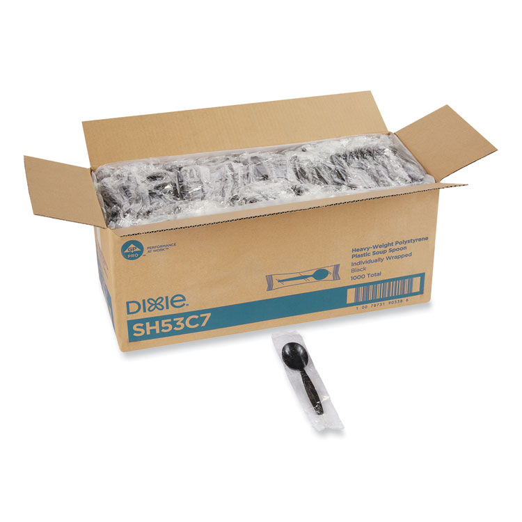 Dixie Individually Wrapped Heavyweight Soup Spoons, 5.75", Plastic, Black, 1,000/Carton (DXESH53C7)