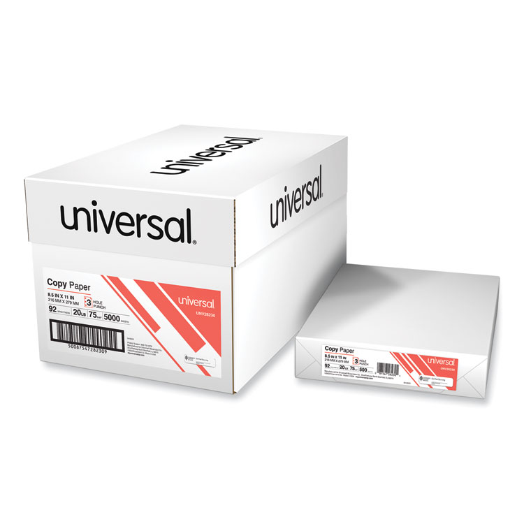 Universal Copy Paper, 92 Bright, 3-Hole, 20 lb Bond Weight, 8.5 x 11, White, 500 Sheets/Ream, 10 Reams/Carton (UNV28230)