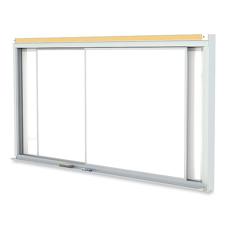 Ghent Horizontal Sliding Porcelain Magnetic Whiteboard, 120" x 48", White Surface, Satin Aluminum Frame (GHEHSM2410)