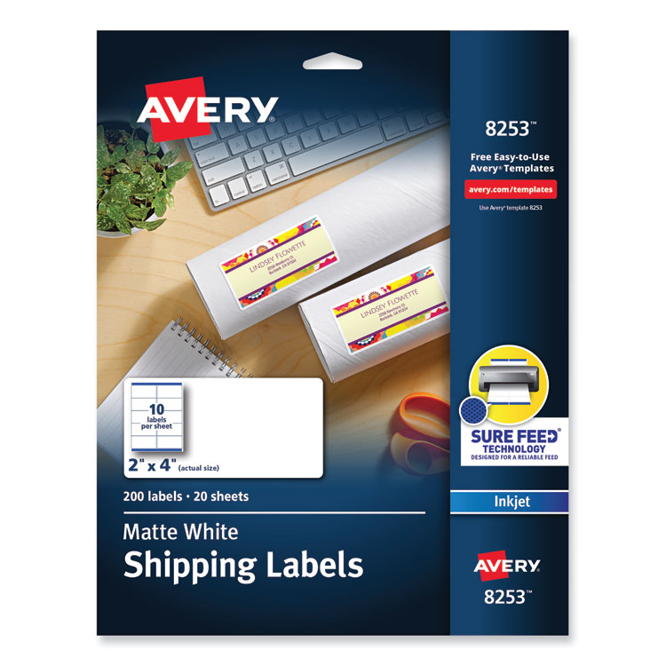 Avery Vibrant Inkjet Color-Print Labels w/ Sure Feed, 2 x 4, Matte White, 200/PK (AVE8253)