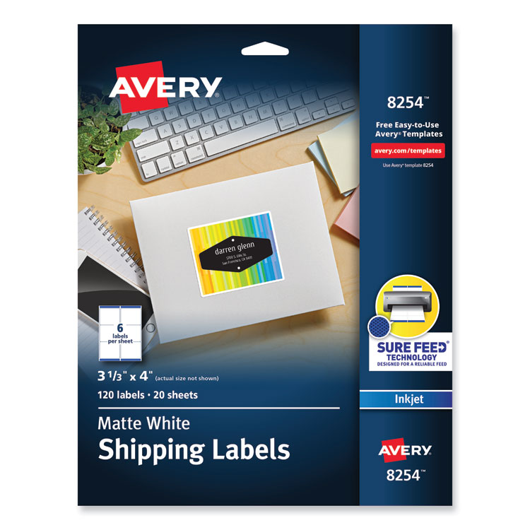 Avery Vibrant Inkjet Color-Print Labels w/ Sure Feed, 3.33 x 4, Matte White, 120/PK (AVE8254)