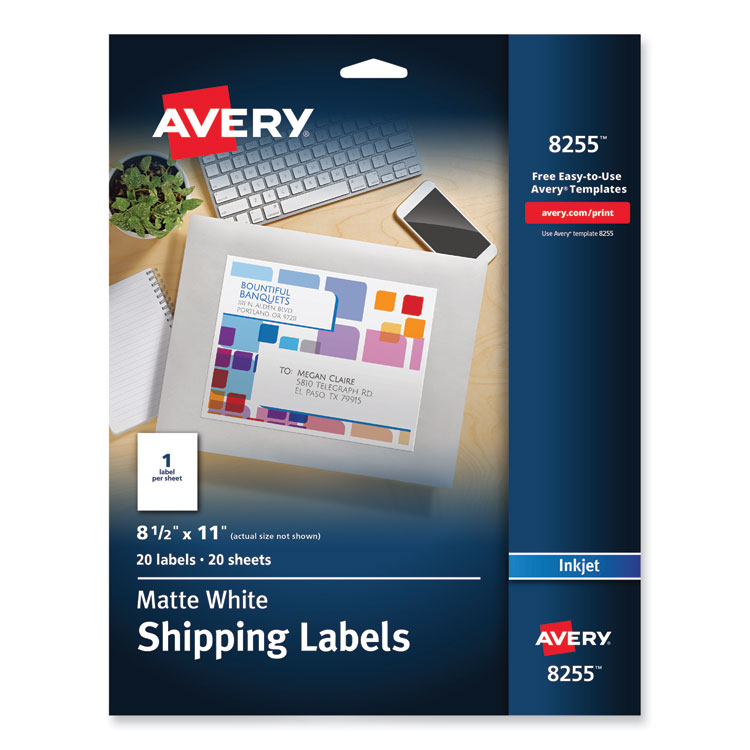 Avery Full-Sheet Vibrant Inkjet Color-Print Labels, 8.5 x 11, Matte White, 20/Pack (AVE8255)