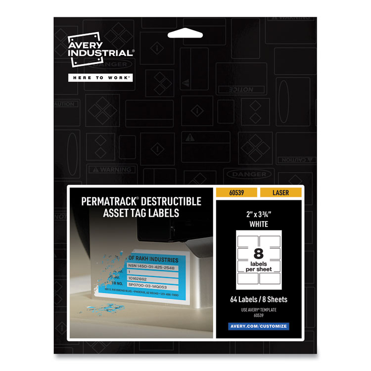 Avery PermaTrack Destructible Asset Tag Labels, Laser Printers, 2 x 3.75, White, 8/Sheet, 8 Sheets/Pack (AVE60539)
