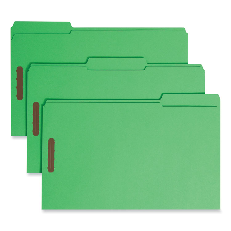 Smead Top Tab Colored Fastener Folders, 0.75" Expansion, 2 Fasteners, Legal Size, Green Exterior, 50/Box (SMD17140)