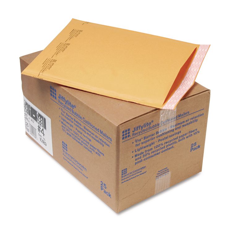 Sealed Air Jiffylite Self-Seal Bubble Mailer, #4, Barrier Bubble Air Cell Cushion, Self-Adhesive Closure, 9.5 x 14.5, Brown Kraft, 25/CT (SEL10189)