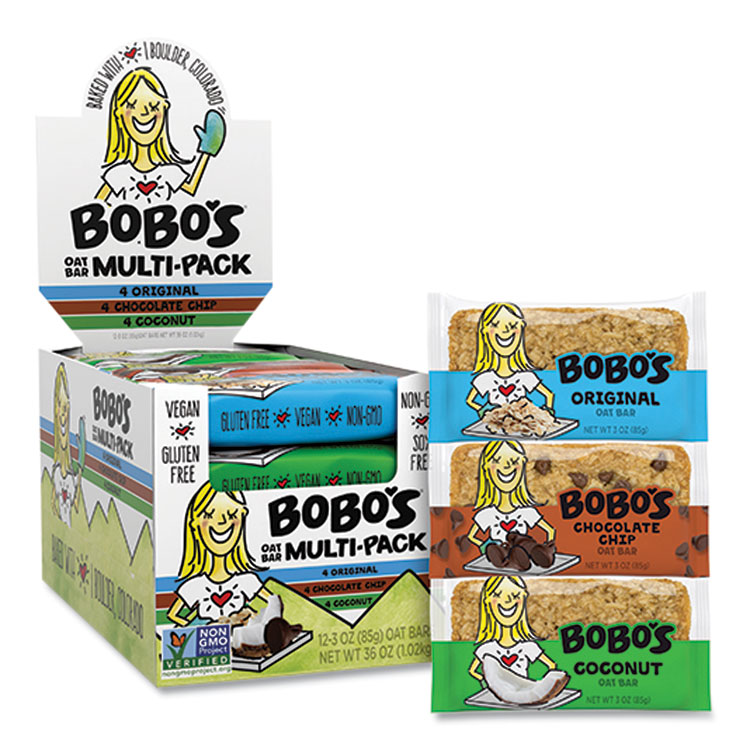 Bobo's Oat Bar Coconut/Chocolate Chip/Original Multipack, 3 oz Individually Wrapped, 12/Box (BBO00098)