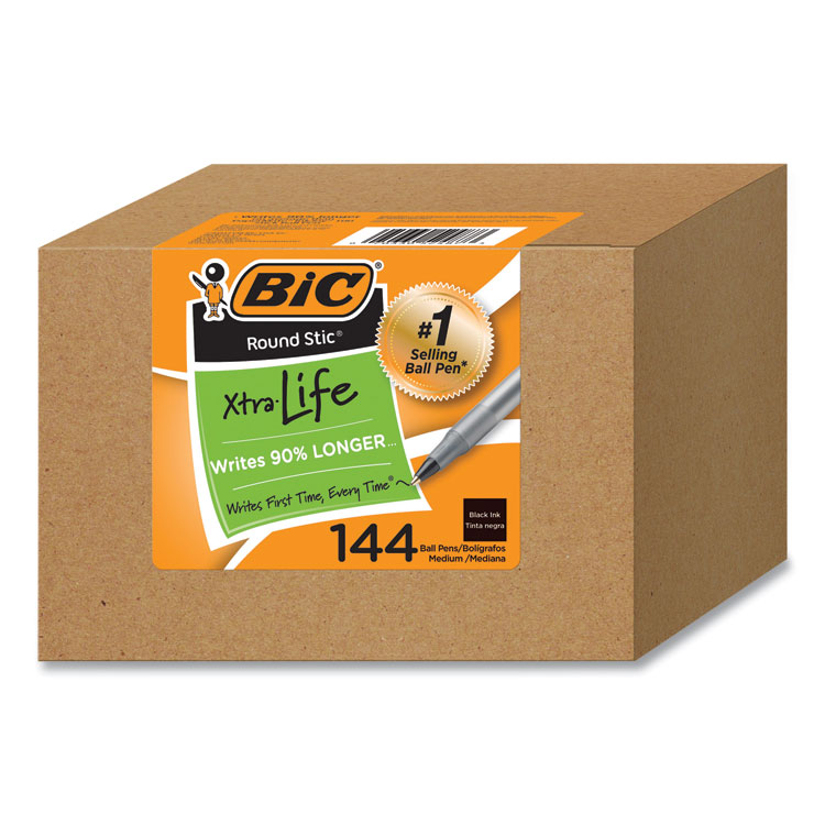 BIC Round Stic Xtra Life Ballpoint Pen, Stick, Medium 1 mm, Black Ink, Translucent Black Barrel, 144/Pack (BICGSM144AZBLK)
