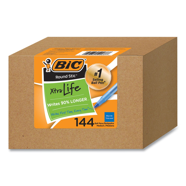 BIC Round Stic Xtra Life Ballpoint Pen, Stick, Medium 1 mm, Blue Ink, Translucent Blue Barrel, 144/Pack (BICGSM144AZBLU)