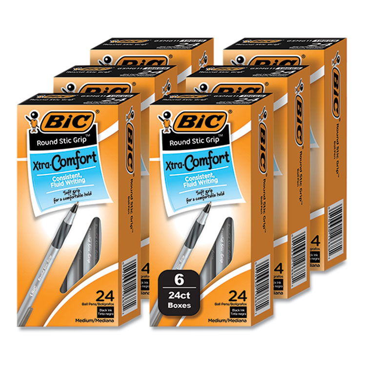BIC Round Stic Grip Xtra Comfort Ballpoint Pen, Stick, Medium 1 mm, Black Ink, Gray/Black Barrel, 144/Pack (BICGSMG144EBLK)