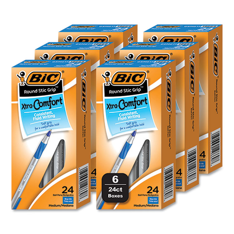 BIC Round Stic Grip Xtra Comfort Ballpoint Pen, Stick, Medium 1 mm, Blue Ink, Gray/Blue Barrel, 144/Pack (BICGSMG144EBLU)