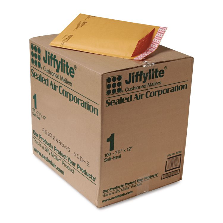 Sealed Air Jiffylite Self-Seal Bubble Mailer, #1, Barrier Bubble Air Cell Cushion, Self-Adhesive Closure, 7.25 x 12, Brown Kraft, 100/CT (SEL39092)