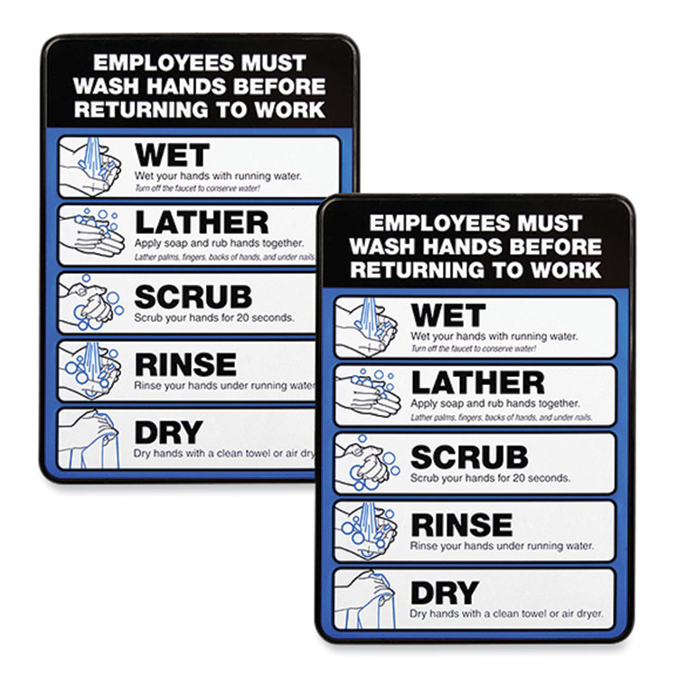 Excello Global Products Employees Must Wash Hands Indoor Wall Sign, 5" x 7", Black/Blue/White Face, Black/Blue Graphics, 2/Pack (EXOHD0171S)