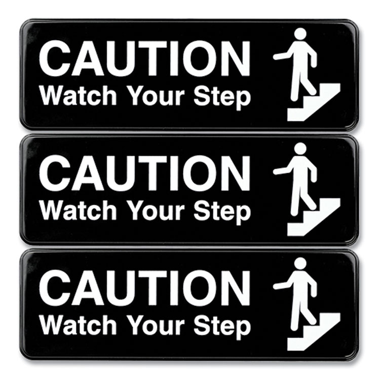 Excello Global Products Caution Watch Your Step Indoor/Outdoor Wall Sign, 9" x 3", Black Face, White Graphics, 3/Pack (EXOHD0268S)