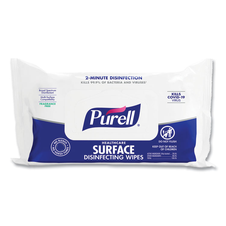 PURELL Healthcare Surface Disinfecting Wipes, 1-Ply, 7 x 10, Unscented, White, 72/Pack (GOJ937012)