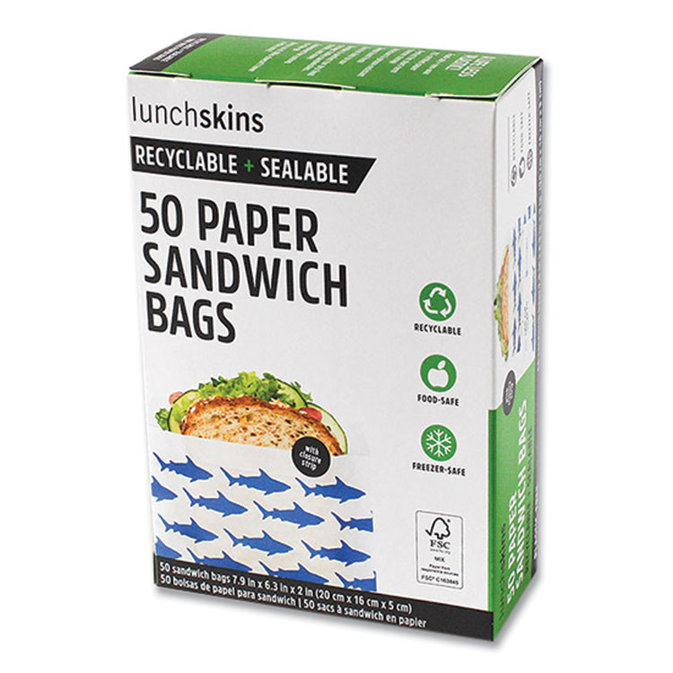 lunchskins Peel and Seal Sandwich Bag with Closure Strip, 6.3" x 2" x 7.9", Blue Sharks/White, 50/Box (LCH854735005904)