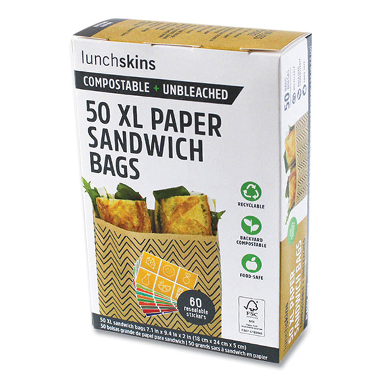 lunchskins XL Sandwich Bag with Resealable Stickers, 7.1" x 2" x 9.1", Black Stripes/Natural Kraft, 50/Box (LCH860000586764)
