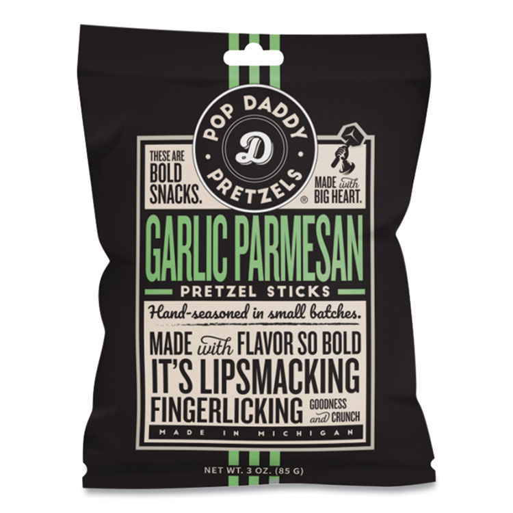 Pop Daddy Garlic Parmesan Pretzel Sticks, 3 oz Bag, 15/Carton (POY00557)