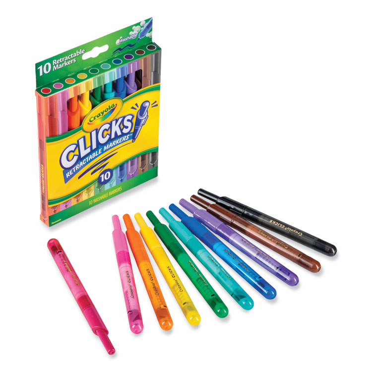 Crayola Super Clicks Retractable Markers, Assorted Bullet Tip Sizes, Assorted Colors, 10/Pack (CYO588370)