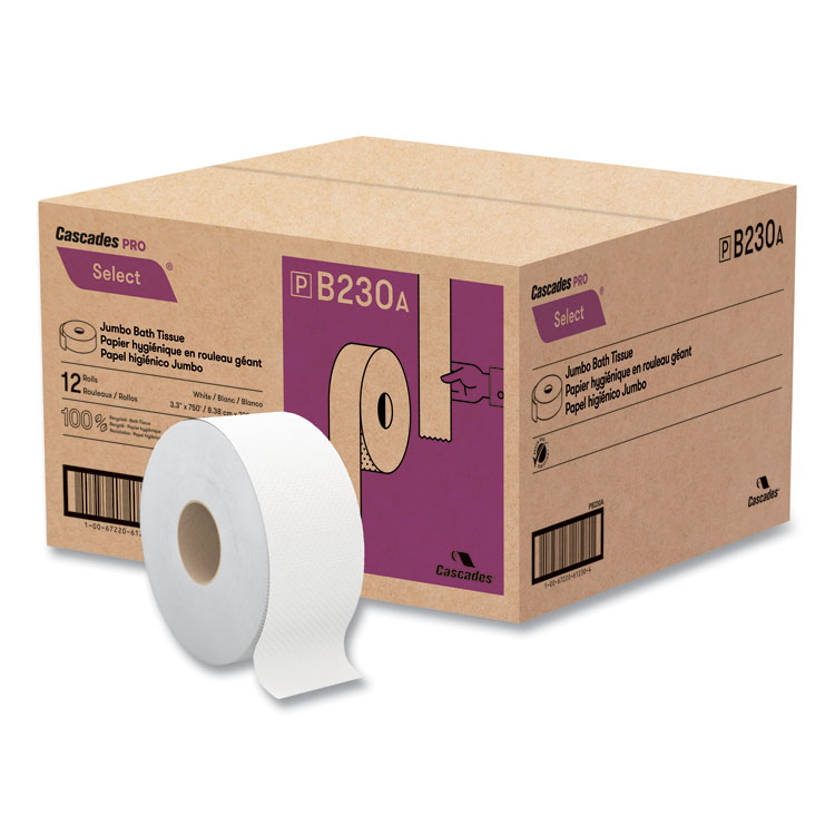 Cascades PRO Select Jumbo Bath Tissue, Septic Safe, 2-Ply, 3.3" x 750 ft, White, 12 Rolls/Carton (CSDB230)