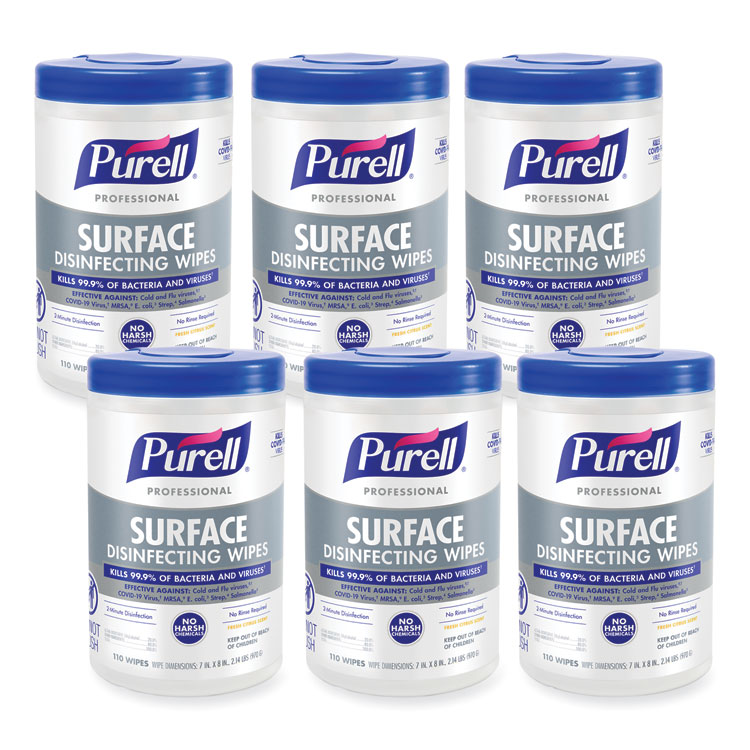 PURELL Professional Surface Disinfecting Wipes, 1-Ply, 7 x 8, Fresh Citrus, White, 110/Canister, 6 Canisters/Carton (GOJ934206CT)