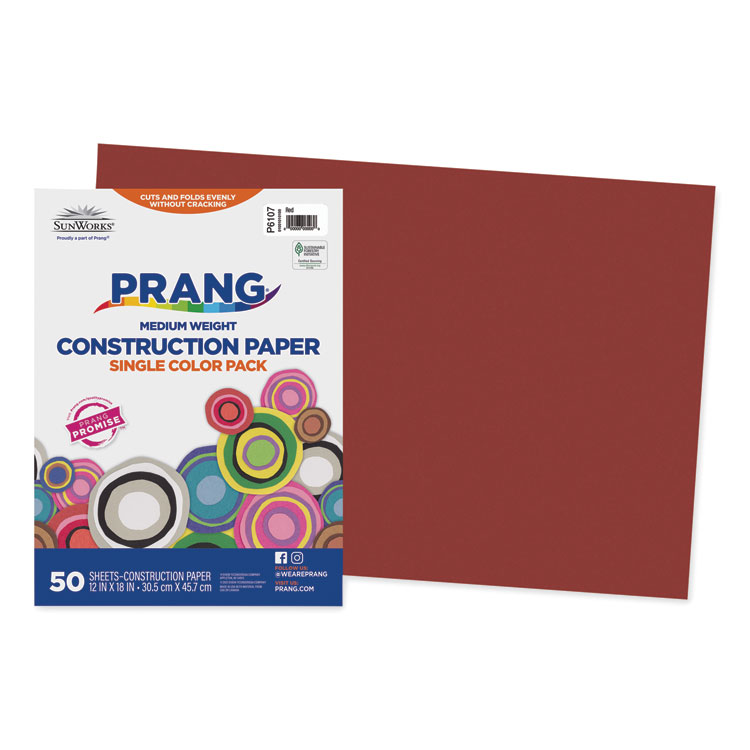 Prang SunWorks Construction Paper, 50 lb Text Weight, 12 x 18, Red, 50/Pack (PACP6107)