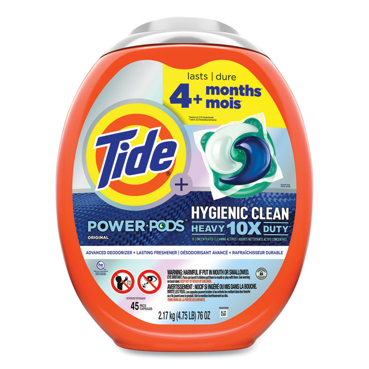 Tide Hygienic Clean Heavy 10x Duty Power Pods, HE Compatible, Original Scent, 76 oz Tub, 45 Pods, 4/Carton (PGC09163)