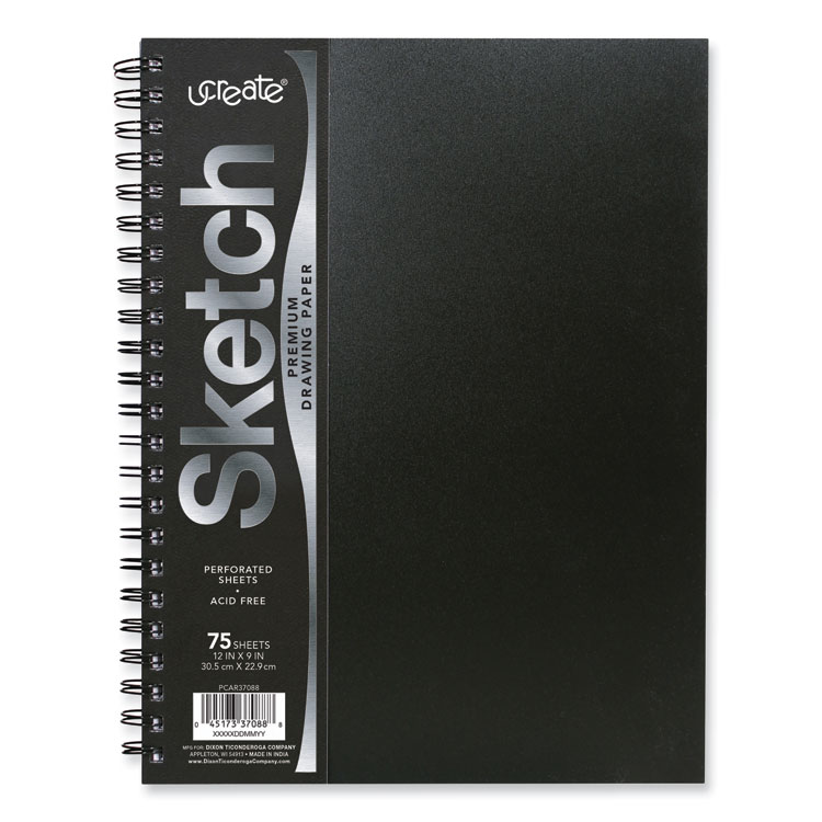 Pacon UCreate Poly Cover Sketch Book, 43 lb Cover Paper Stock, Black Cover, (75) 12 x 9 Sheets (PACPCAR37088)