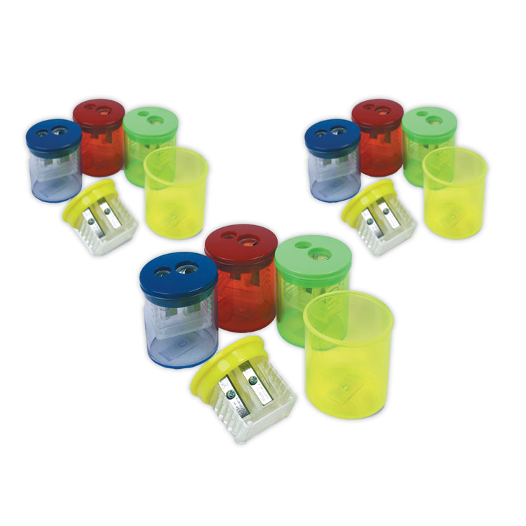 TPG Creations Eisen Pencil Sharpeners, Two-Hole, 1.5 x 1.75, Assorted Colors, 12/Pack (TPGESN51312)