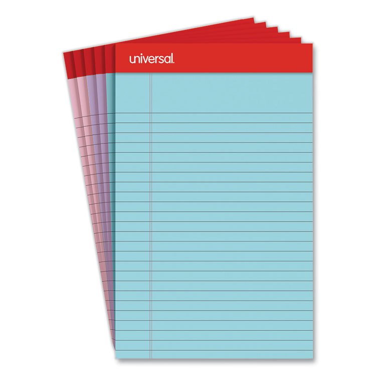 Universal Perforated Ruled Writing Pads, Narrow Rule, Red Headband, 50 Assorted Pastels 5 x 8 Sheets, 6/Pack (UNV63016)