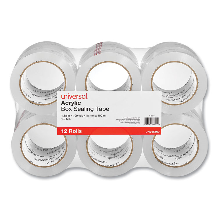 Universal Deluxe General-Purpose Acrylic Box Sealing Tape, 3" Core, 1.88" x 109 yds, Clear, 12/Pack (UNV66100)