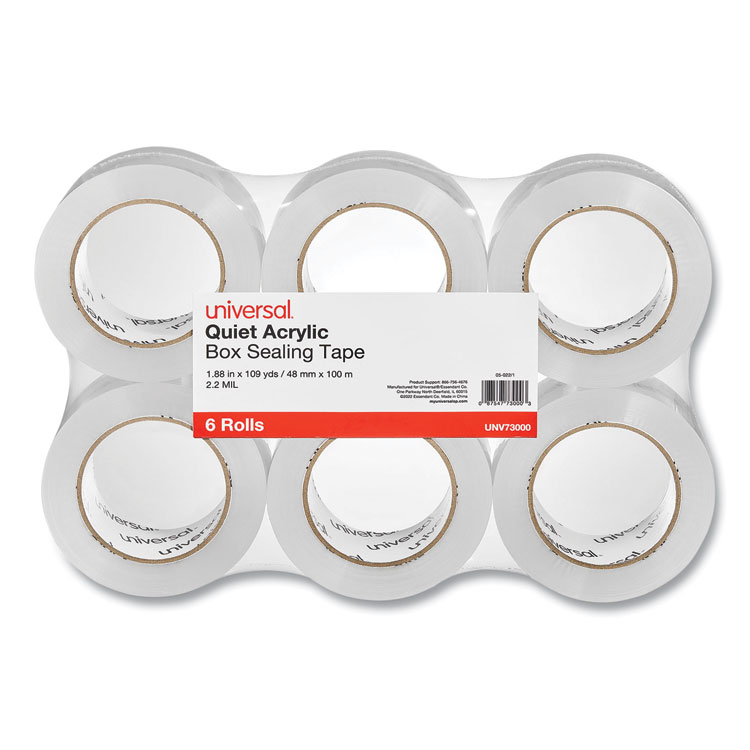 Universal Quiet Tape Box Sealing Tape, 3" Core, 1.88" x 109 yds, Clear, 6/Pack (UNV73000)