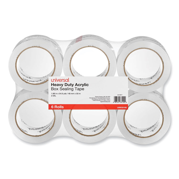 Universal Heavy-Duty Acrylic Box Sealing Tape, 3" Core, 1.88" x 54.6 yds, Clear, 6/Pack (UNV33100)