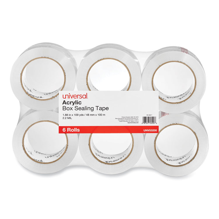 Universal Deluxe General-Purpose Acrylic Box Sealing Tape, 2 mil, 3" Core, 1.88" x 109 yds, Clear, 6/Pack (UNV53200)