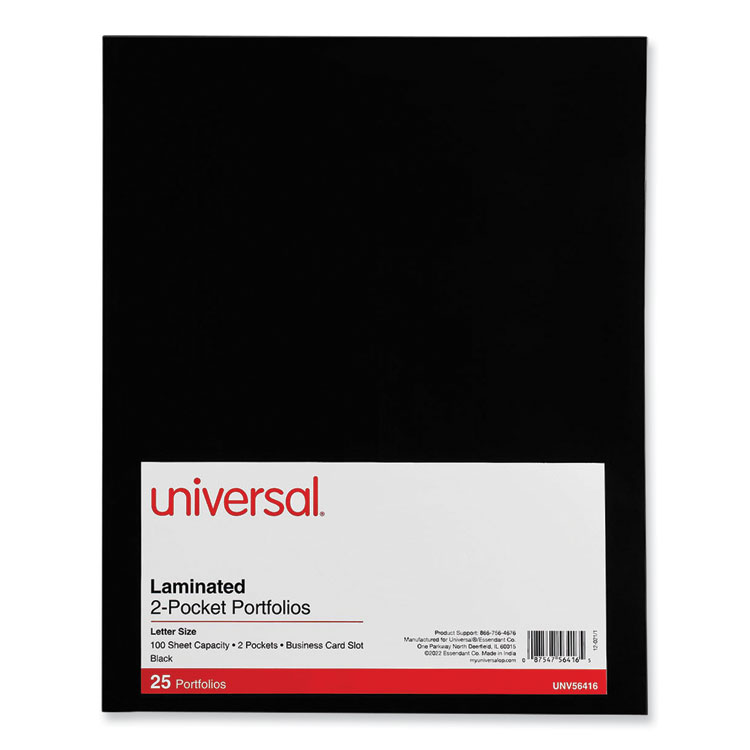 Universal Laminated Two-Pocket Folder, Cardboard Paper, 100-Sheet Capacity, 11 x 8.5, Black, 25/Box (UNV56416)