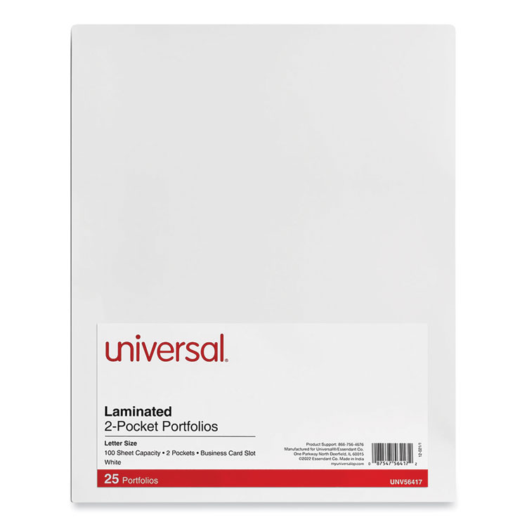 Universal Laminated Two-Pocket Portfolios, Cardboard Paper, 100-Sheet Capacity, 11 x 8.5, White, 25/Box (UNV56417)