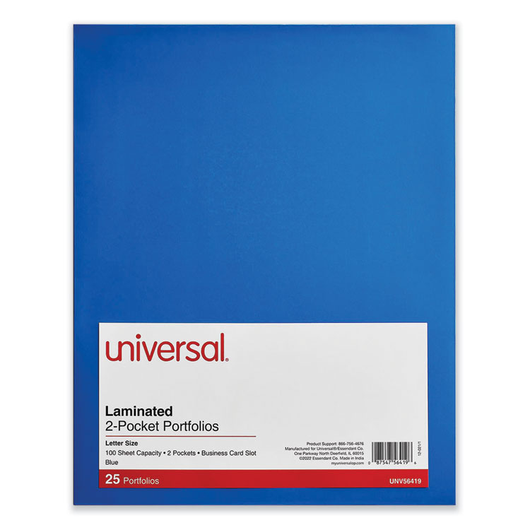 Universal Laminated Two-Pocket Folder, Cardboard Paper, 100-Sheet Capacity, 11 x 8.5, Blue, 25/Box (UNV56419)