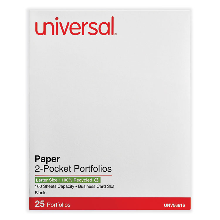 Universal Two-Pocket Portfolio, Embossed Leather Grain Paper, 11 x 8.5, Black, 25/Box (UNV56616)