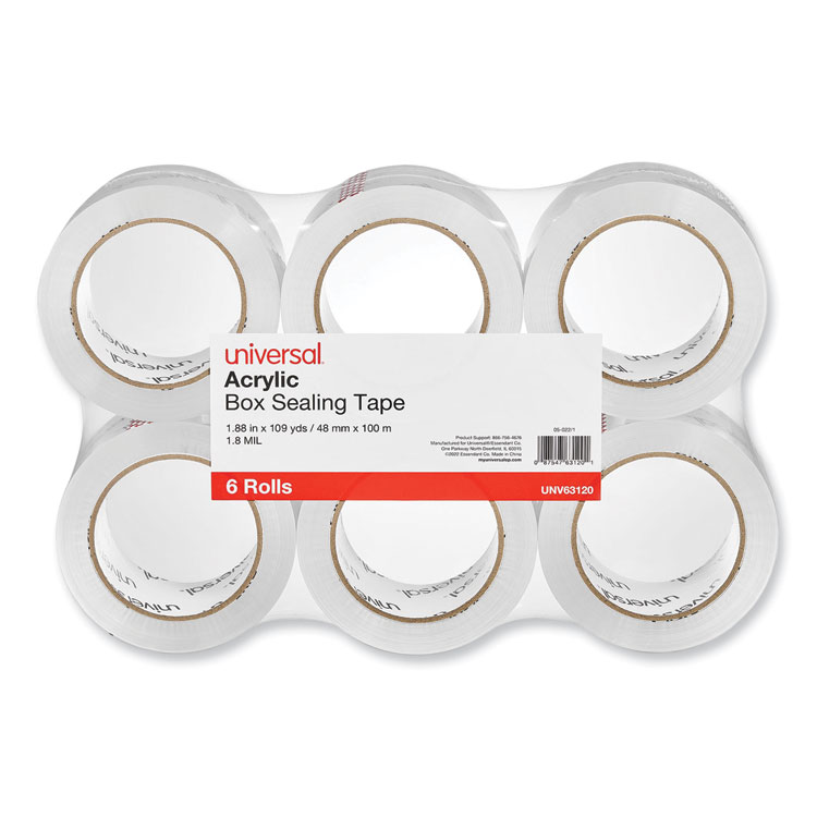 Universal Deluxe General-Purpose Acrylic Box Sealing Tape, 1.7 mil, 3" Core, 1.88" x 109 yds, Clear, 6/Pack (UNV63120)