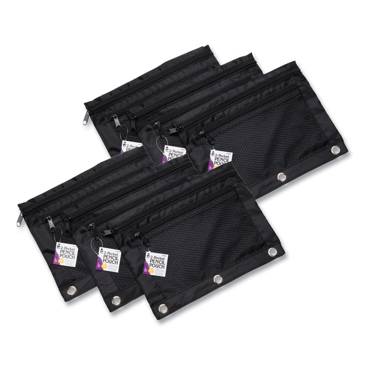 Charles Leonard Two-Pocket Binder-Insertable Pencil Pouch with Mesh Front, 2 Compartments, 3-Hole Punched, 11" x 9", Black, 6/Pack (LEO76356)