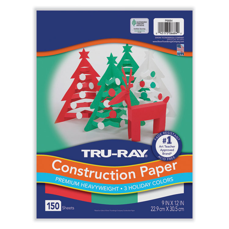 Pacon Tru-Ray Construction Paper, 70 lb Text Weight, 9 x 12, Assorted Holiday Colors, 150/Pack (PACP6684)