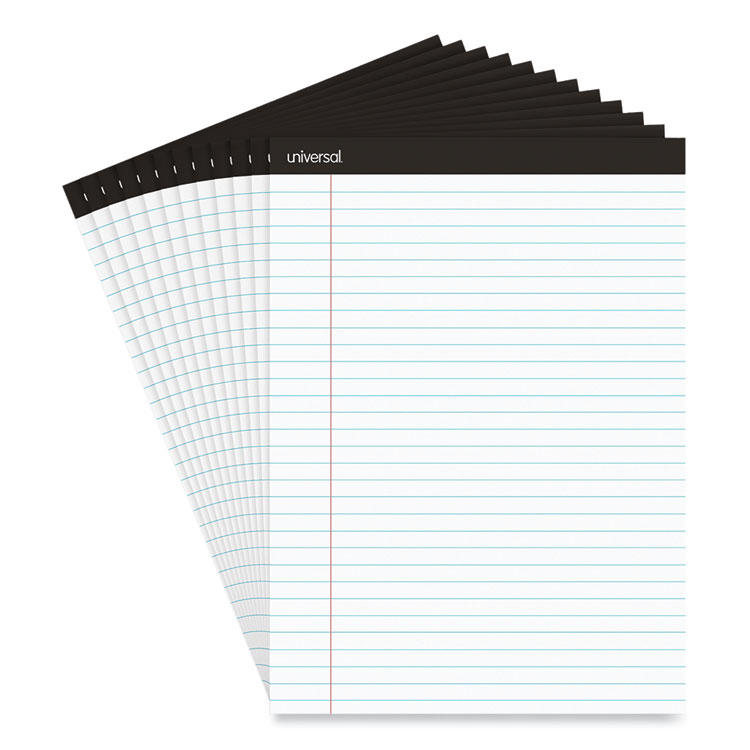 Universal Premium Ruled Writing Pads with Heavy-Duty Back, Wide/Legal Rule, Black Headband, 50 White 8.5 x 11 Sheets, 12/Pack (UNV30730)