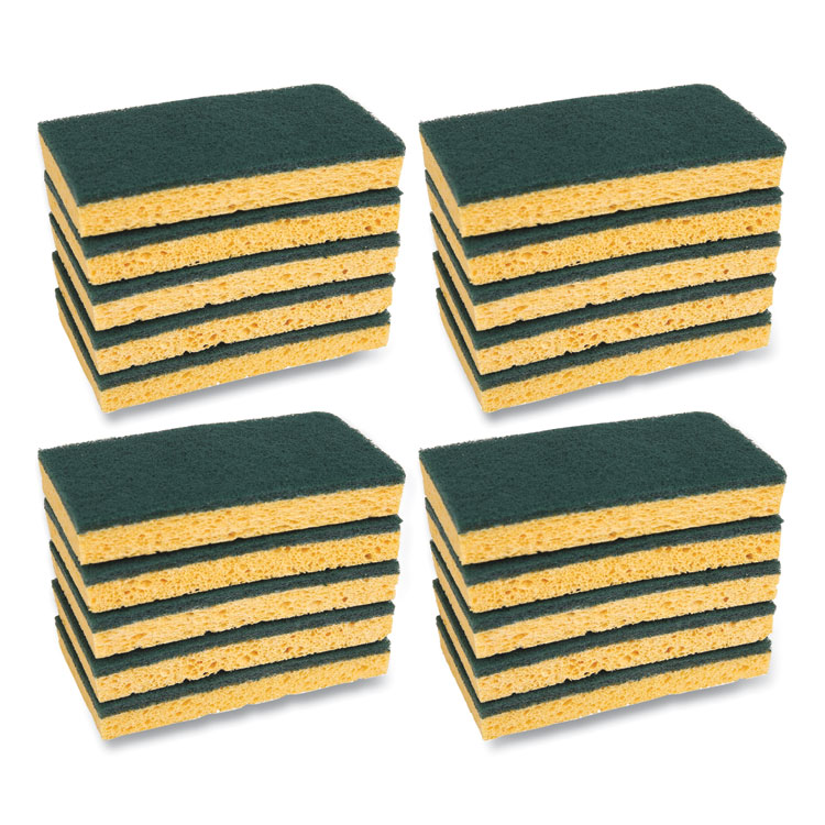 Boardwalk Medium-Duty Scrubbing Sponge, Individually Wrapped, 3.6 x 6.1, 0.75" Thick, Yellow/Green, 20/Carton (BWK174)