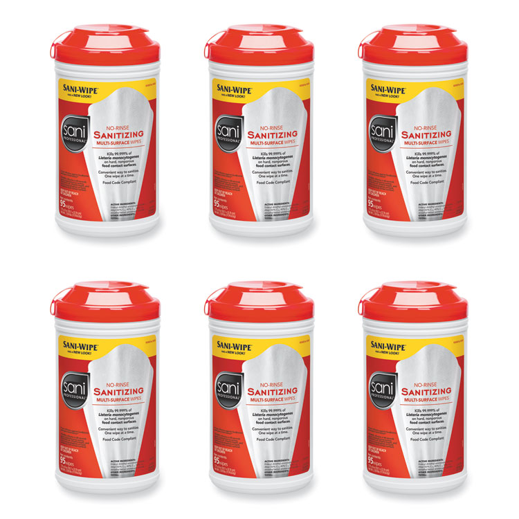Sani Professional No-Rinse Sanitizing Multi-Surface Wipes, Unscented, White, 95/Container, 6/Carton (NICP56784)